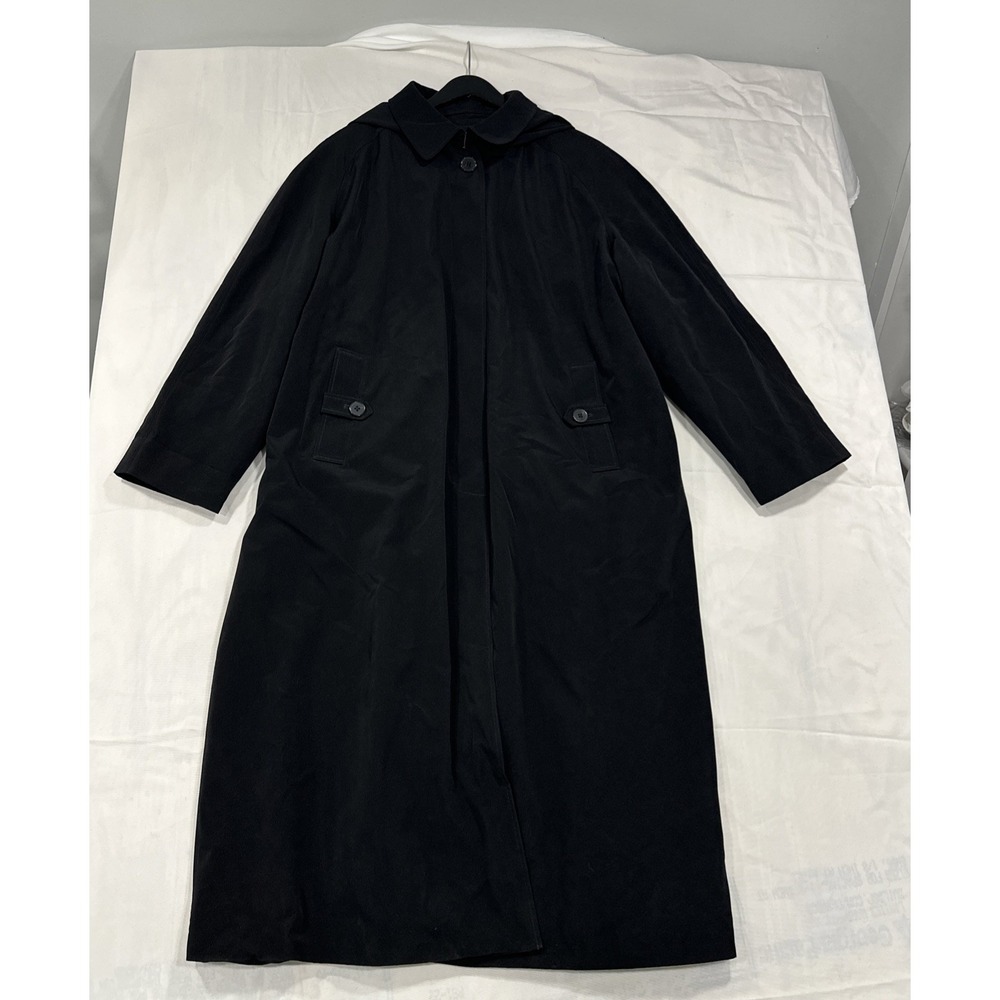 London Fog 22W Black Maxi Trench Coat Single Breasted Button Rain Jacket No Belt